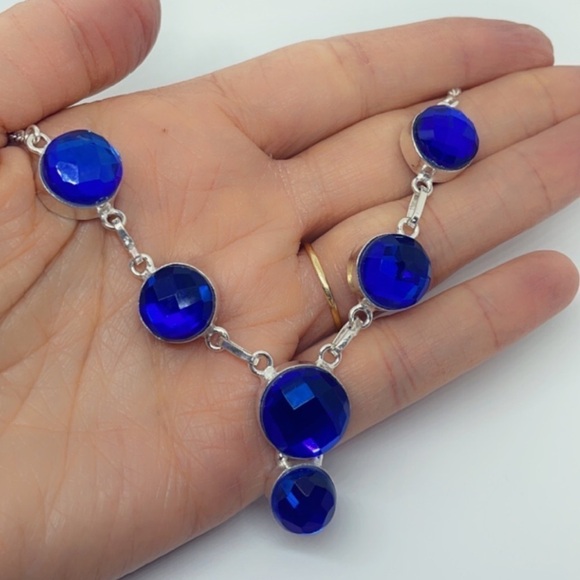 Sterling Silver Blue Faceted Gem Necklace – Artisan Made, 18” Statement - Picture 9 of 17